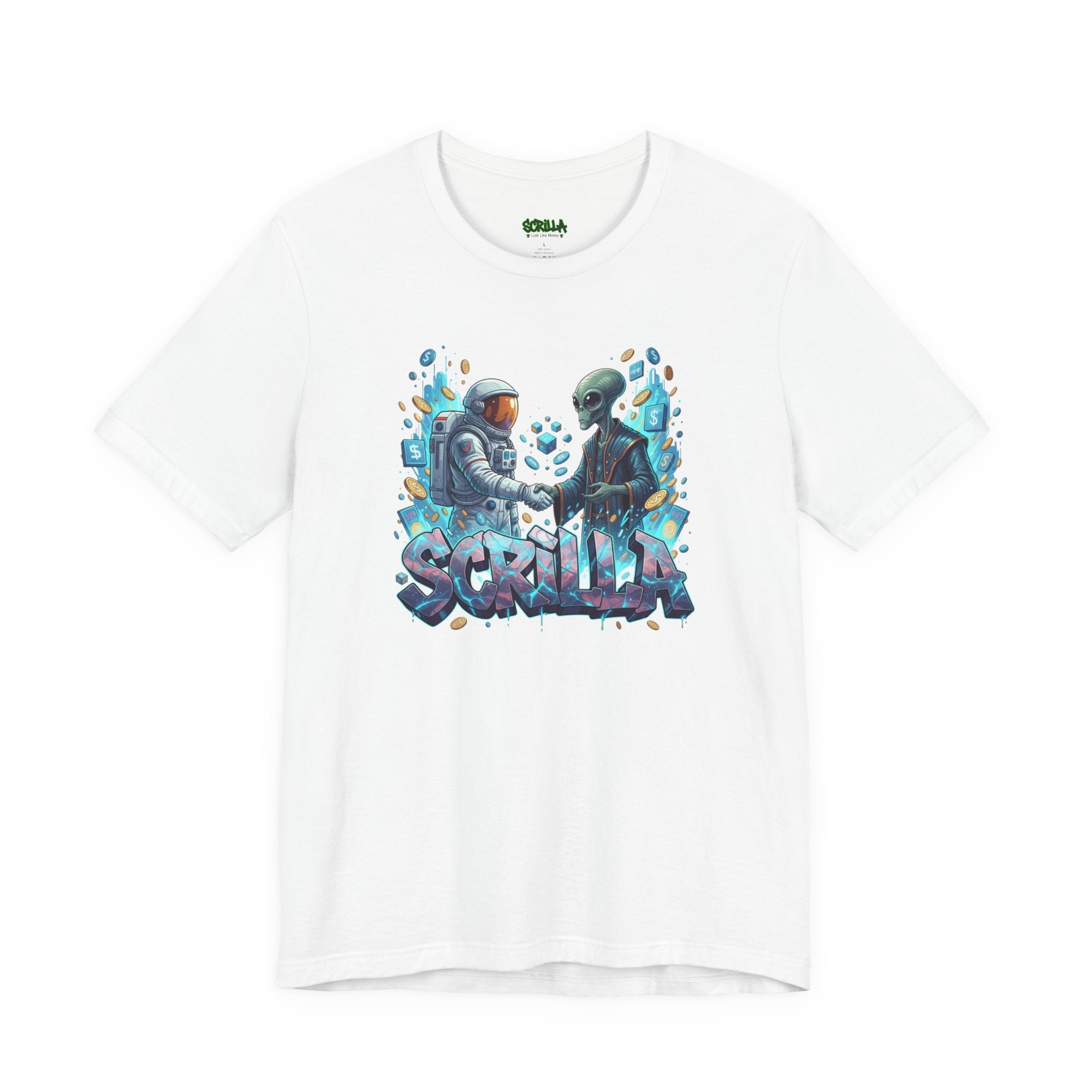 Scrilla Astronaut & Alien Money Tee — Futuristic Cosmic Streetwear